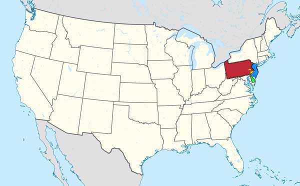 location of the states of Pennsylvania (red); Delaware (green); and New Jersey (blue), within the united states of america.