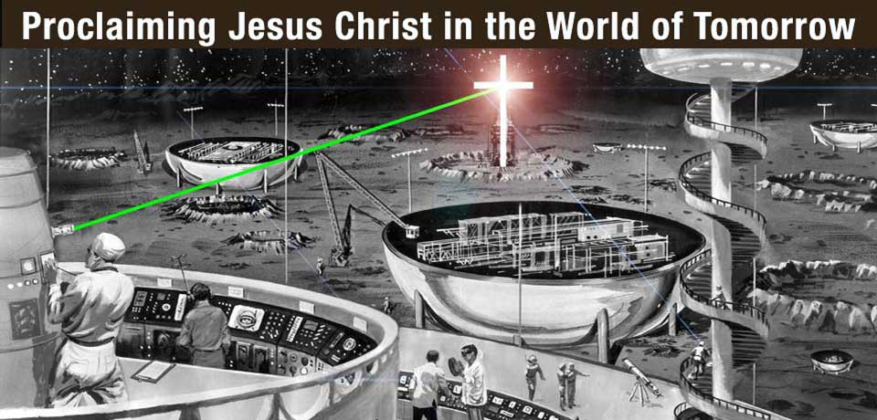 holographic image of the cross is projected via laser at the first Christian moon colony